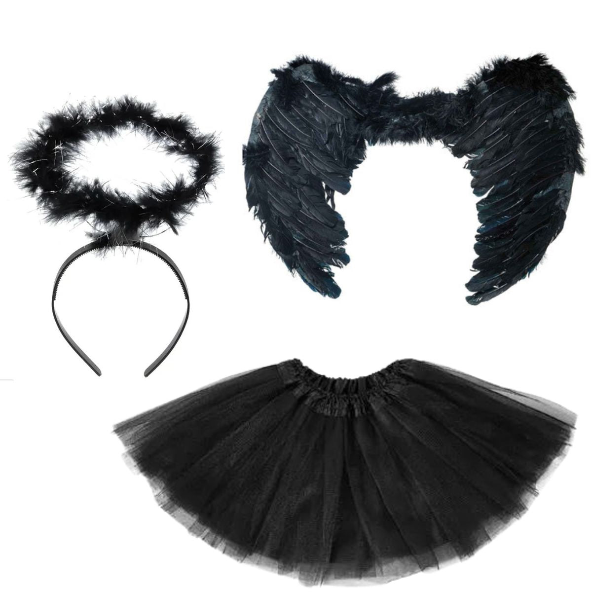 Kit Fantasia Anjo Preto Completo Festa Cosplay Carnaval Halloween Tiara Auréola / Asa / Saia Kit Fantasia Anjo Preto Completo Festa Cosplay Carnaval Halloween Tiara Auréola / Asa / Saia